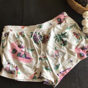 Lou & Grey White Drawstring Shorts with Pink & Green Tropical Accents XL